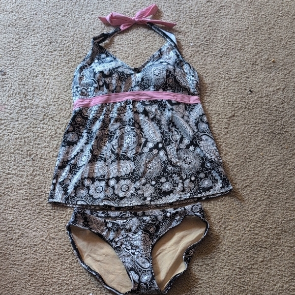 A Pea In The Pod Maternity Black White & Pink Swimsuit Halter Top & Bikini Sz S - Picture 1 of 8